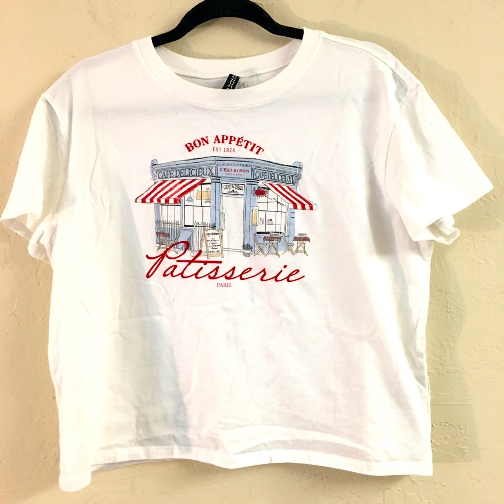 H&M Cropped Paris Graphic T-shirt Large White 100% Cotton